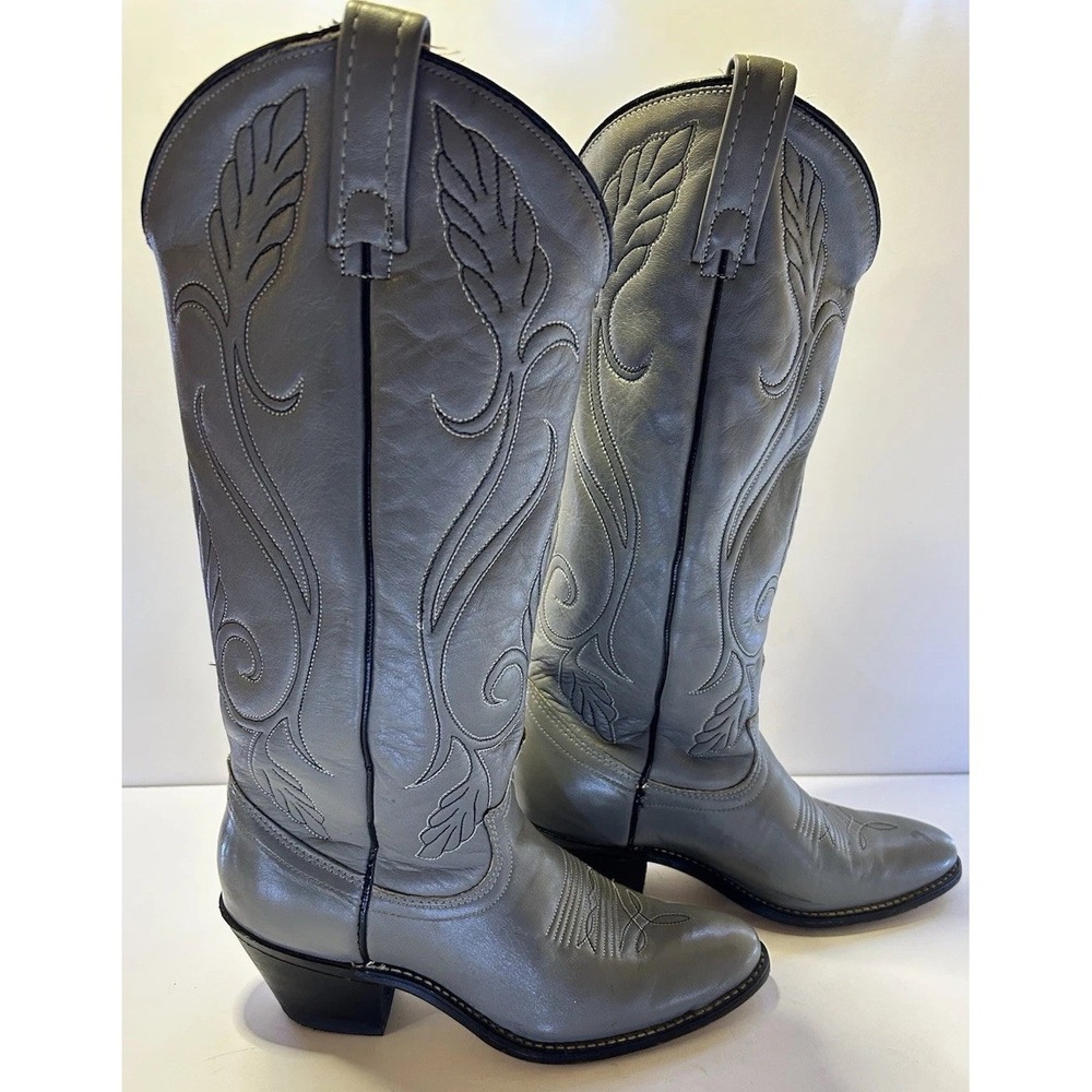 Vintage Acme Womens Western Boots 5.5 M Cowgirl Gray Leather Embroidered USA